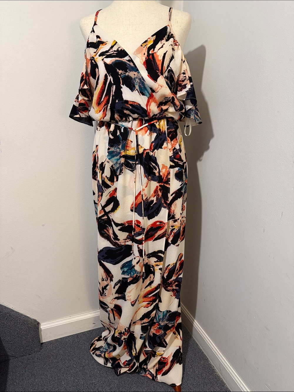 Bar III White Abstract Floral Cold Shoulder Maxi Dress with Navy & Coral Accents